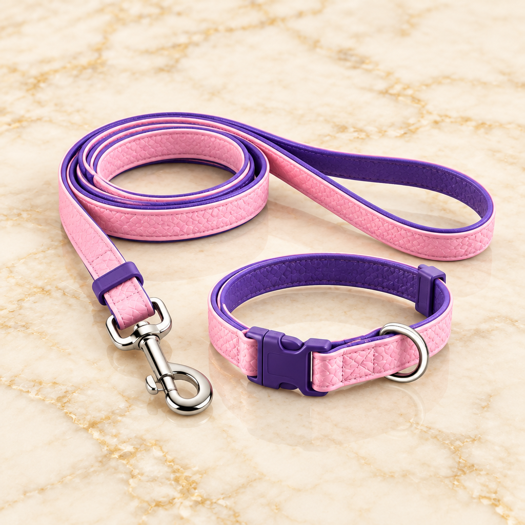 Dual-Color Embossed Pet Leash Set — Waterproof PVC Collar & Leash with DIY Accessories for Dogs