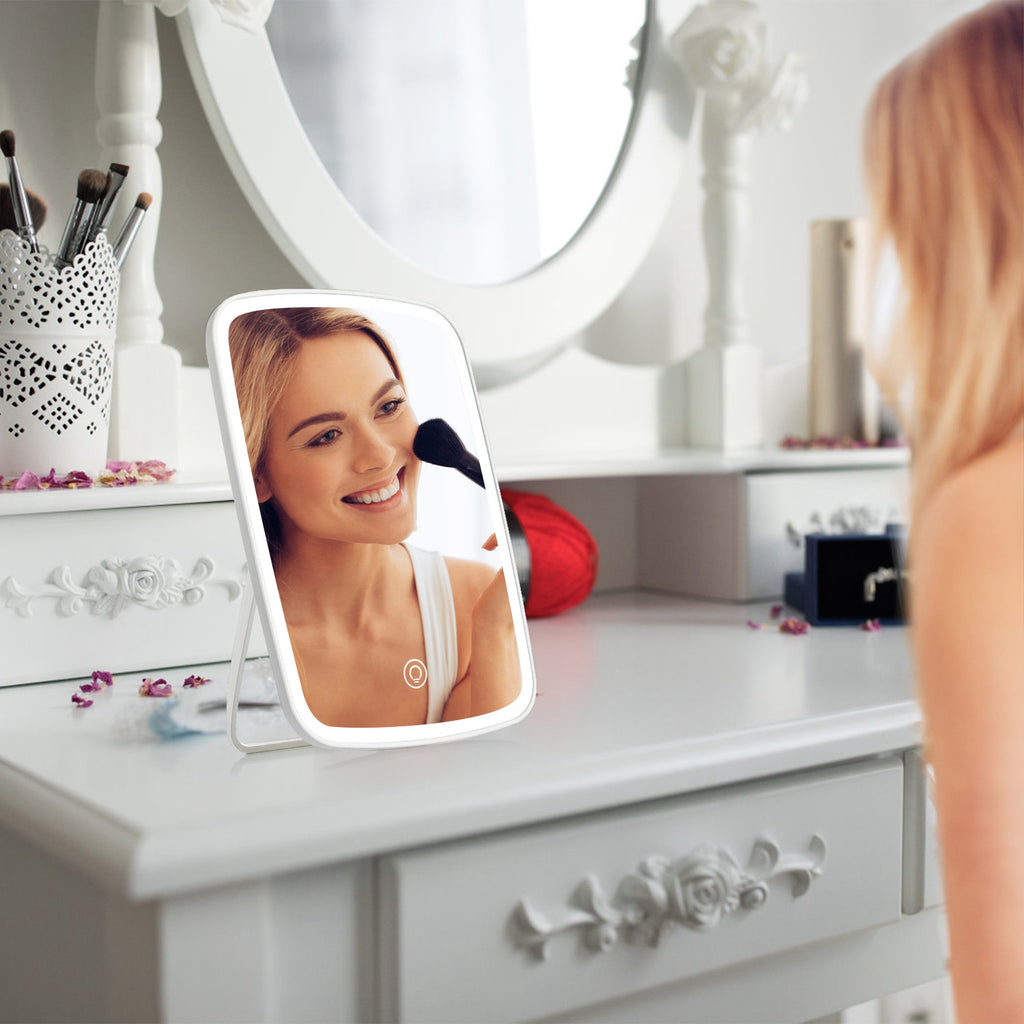 LED Lighted Makeup Vanity Mirror – 3 Light Colors, Touch Screen, USB Rechargeable | White — Eliza & Tuan
