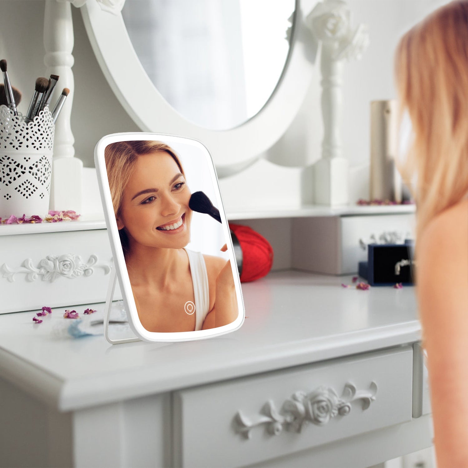 LED Lighted Makeup Vanity Mirror – 3 Light Colors, Touch Screen, USB Rechargeable | White — Eliza & Tuan