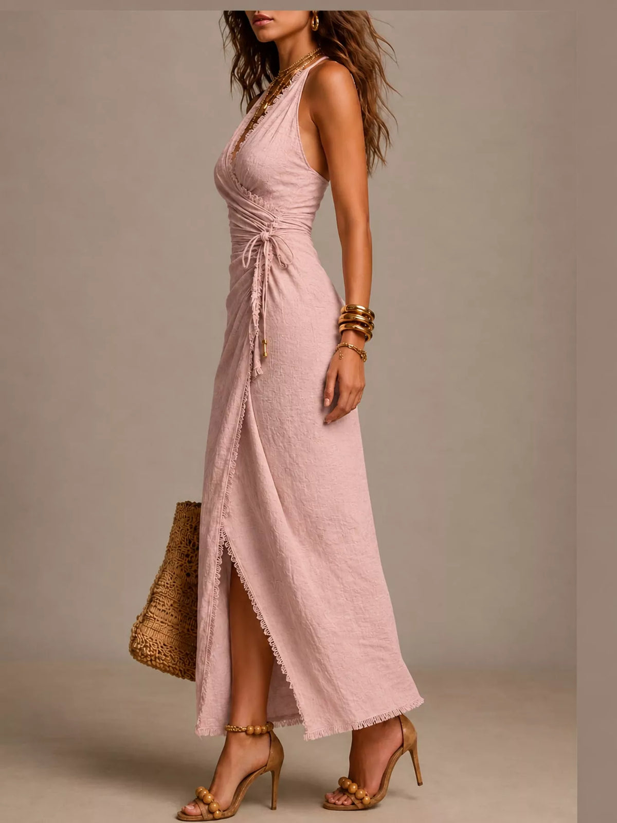 Lace-Trim Sleeveless Wrap-Look Maxi Dress