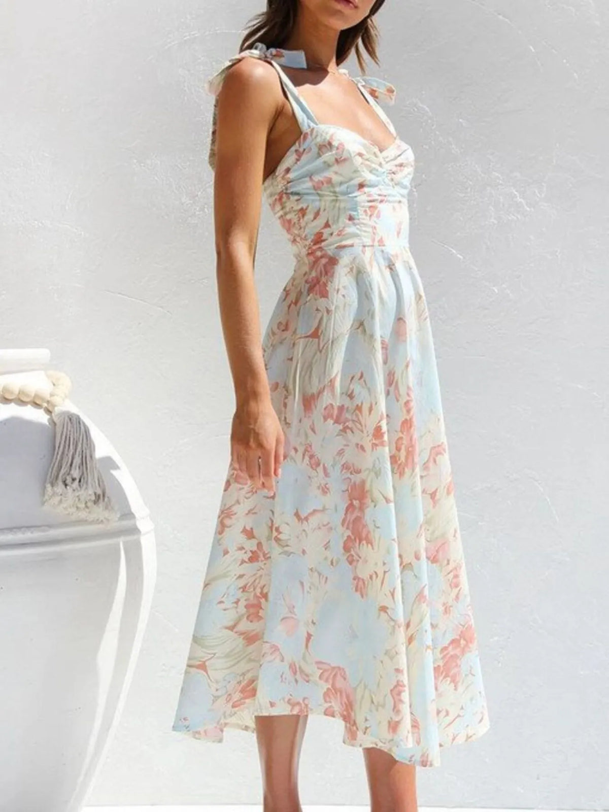 Floral Tie-Strap Sweetheart Midi Dress