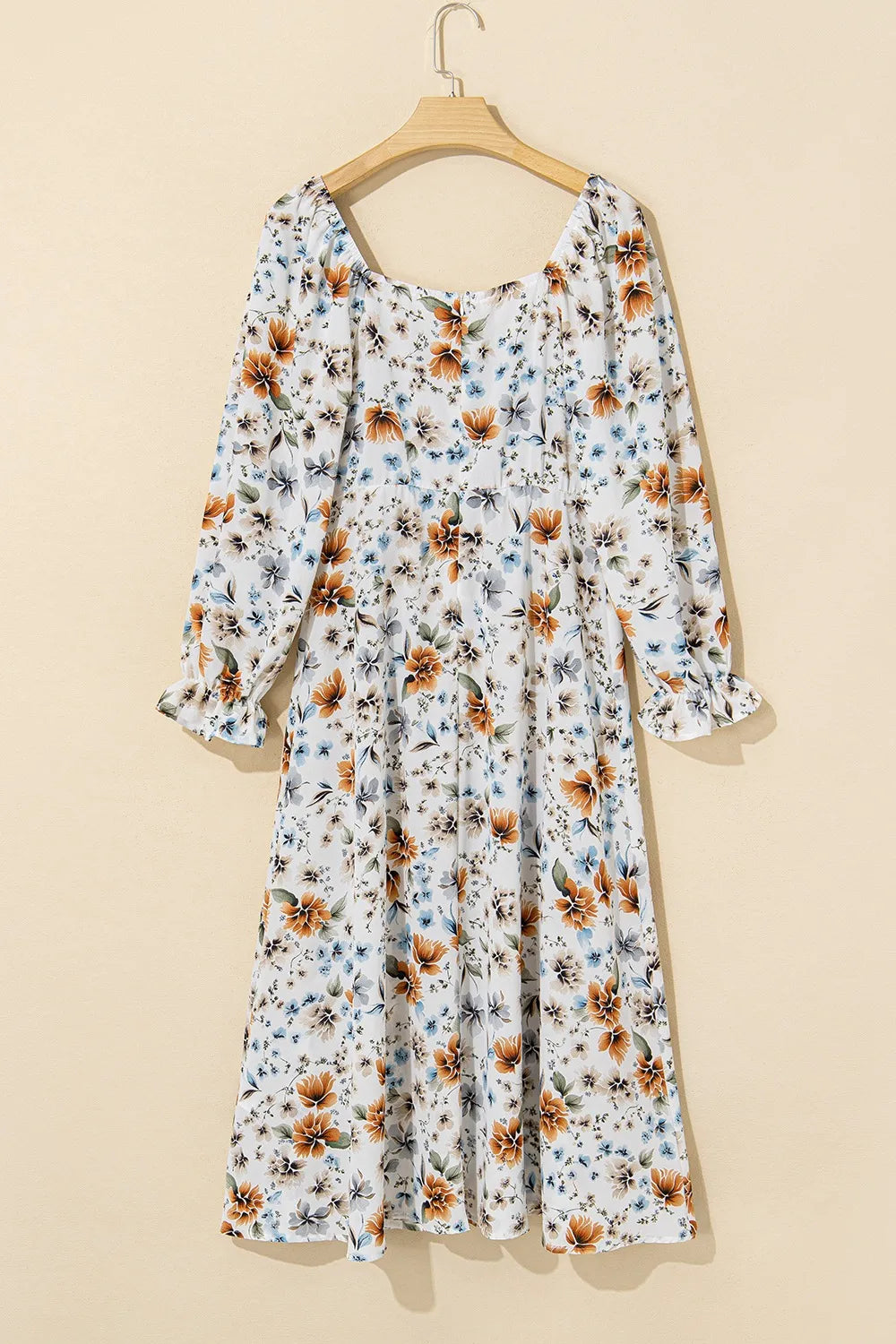 Floral Square-Neck Flounce-Sleeve Slit Midi Dress