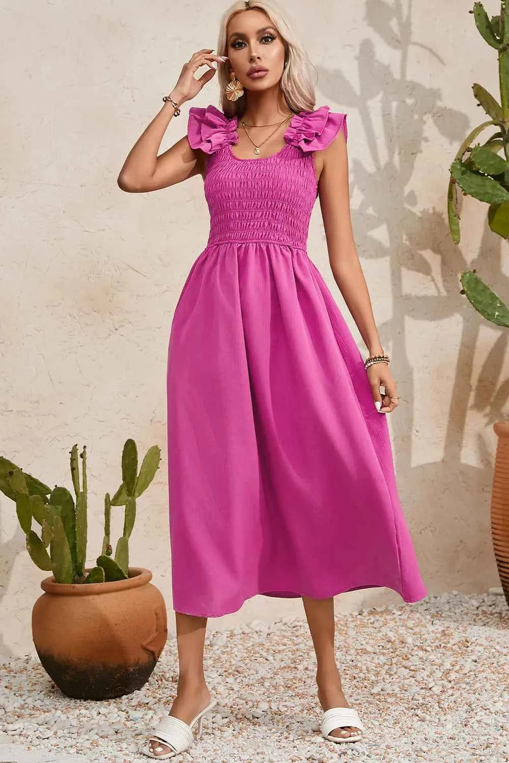 Hot Pink Smocked Ruffle-Strap Midi Dress