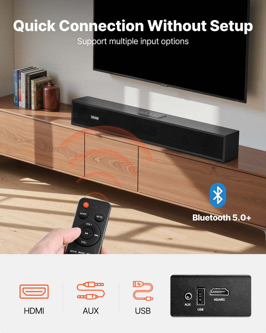 24" Compact Soundbar for TV & Projector | 80W Surround Sound | Bluetooth & AUX | Remote Control — Eliza & Tuan