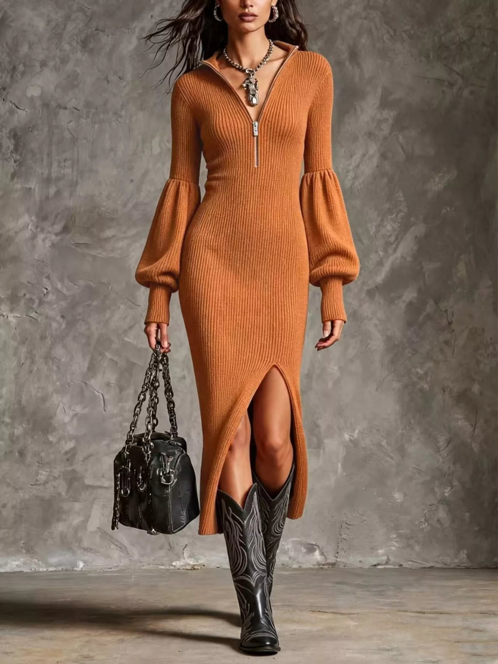 Ribbed Quarter-Zip Lantern-Sleeve Slit Sweater Midi Dress