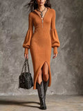Ribbed Quarter-Zip Lantern-Sleeve Slit Sweater Midi Dress