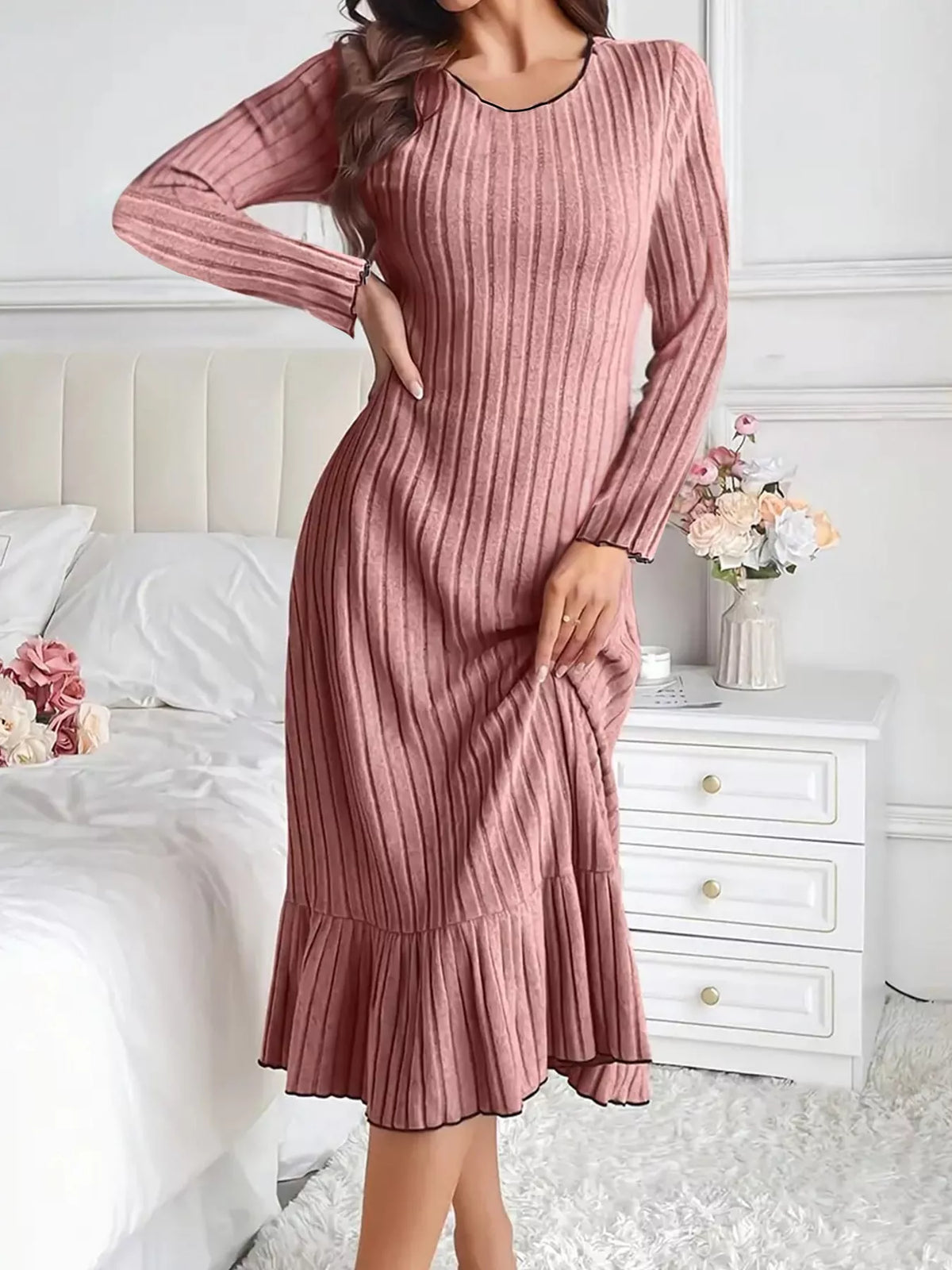 Long-Sleeve Ribbed Knit Ruffle-Hem Midi Dress, S–3XL