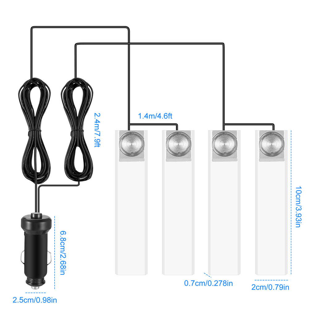 4Pcs Blue LED Car Interior Atmosphere Lights | DC 12V | 360° Adjustable | One-Button Control | Easy Install — Eliza & Tuan