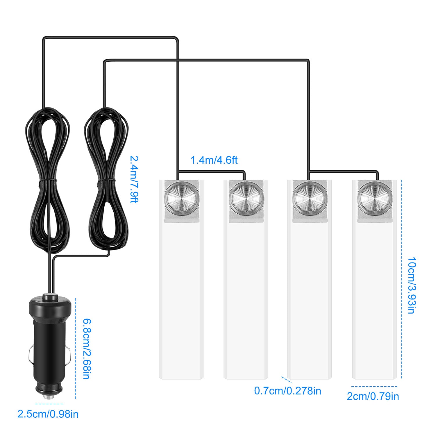 4Pcs Blue LED Car Interior Atmosphere Lights | DC 12V | 360° Adjustable | One-Button Control | Easy Install — Eliza & Tuan