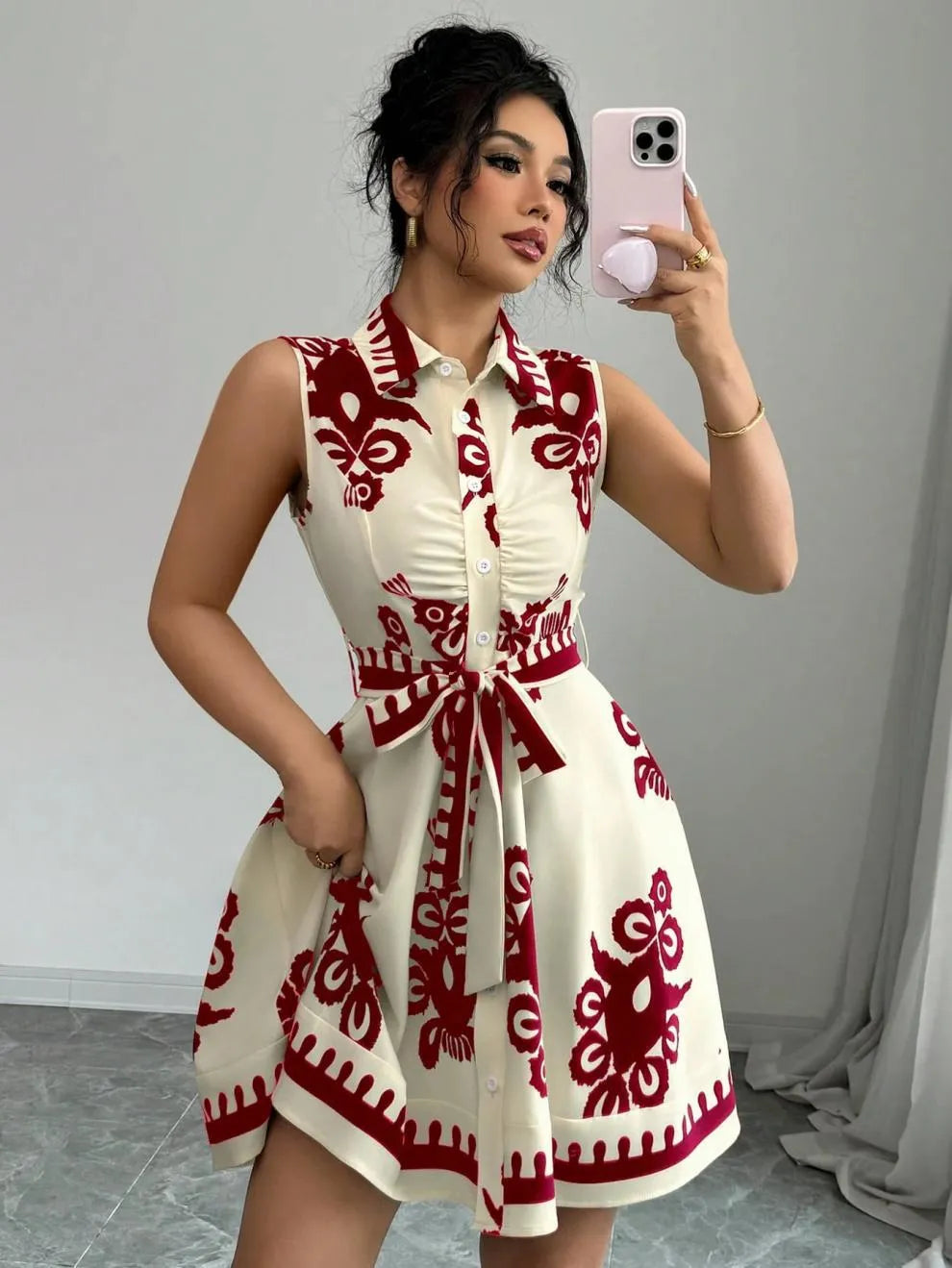 Printed Sleeveless Button-Front Dress