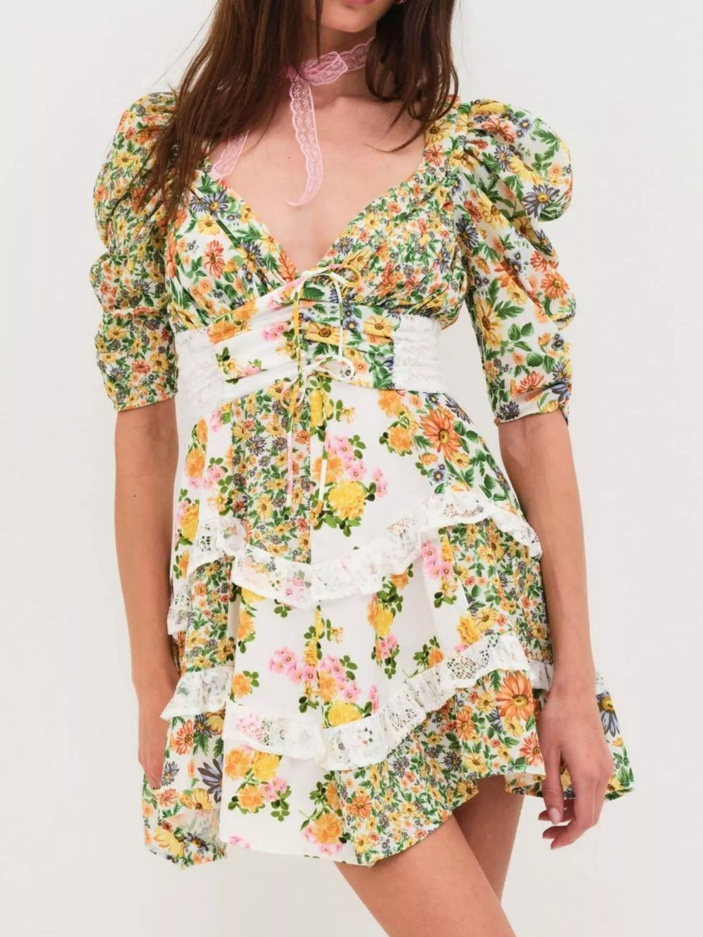Ruffled Floral-Print Half-Sleeve Dress