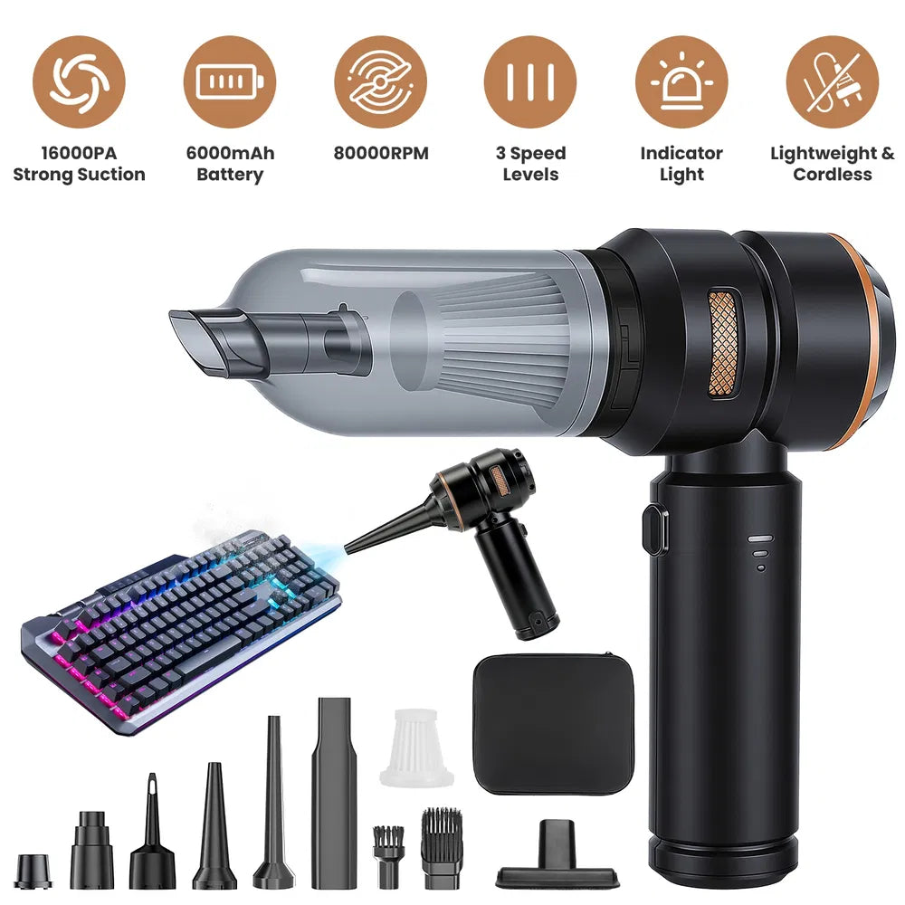 4-in-1 Cordless Car Vacuum & Air Duster — 16,000PA Brushless, 2 Reusable Filters — Eliza & Tuan