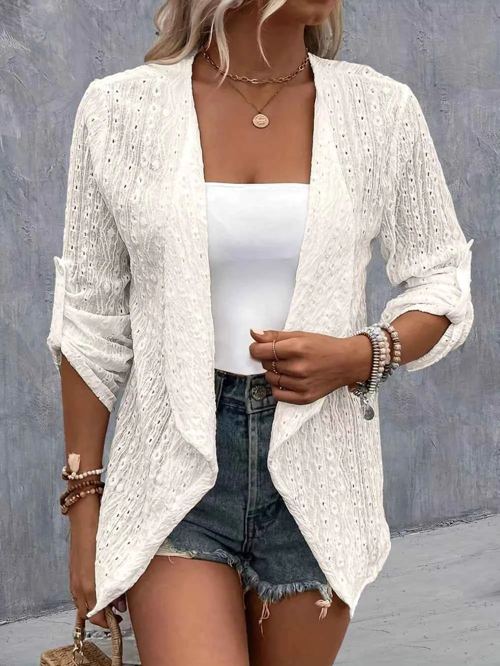 Eyelet Open-Front Roll-Tab Cardigan