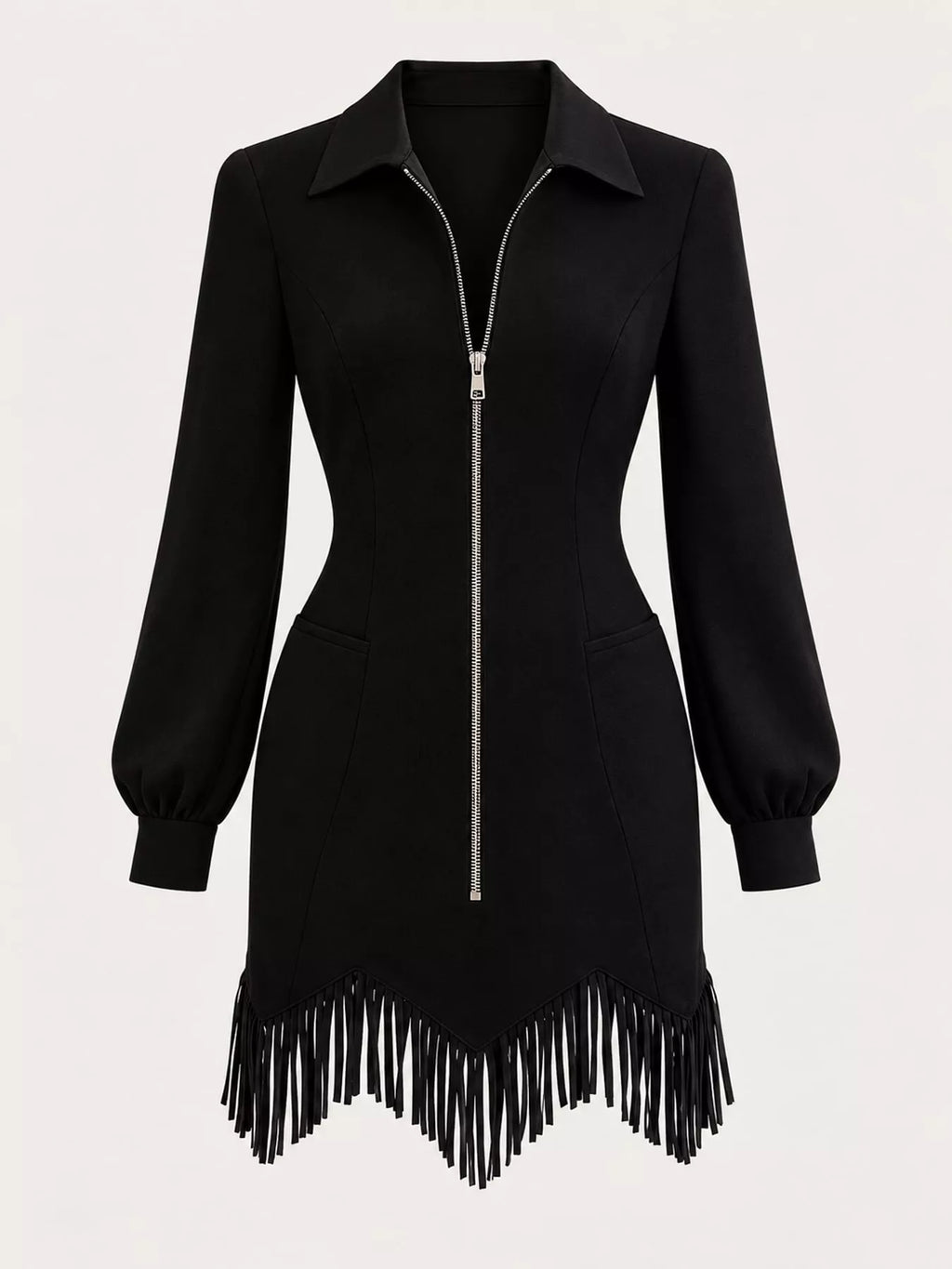 Zip-Front Long-Sleeve Fringe-Hem Mini Dress