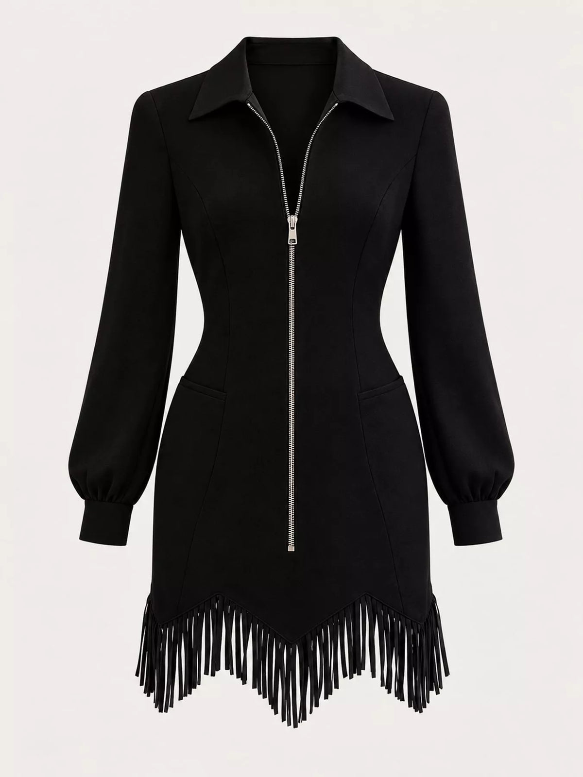 Zip-Front Long-Sleeve Fringe-Hem Mini Dress