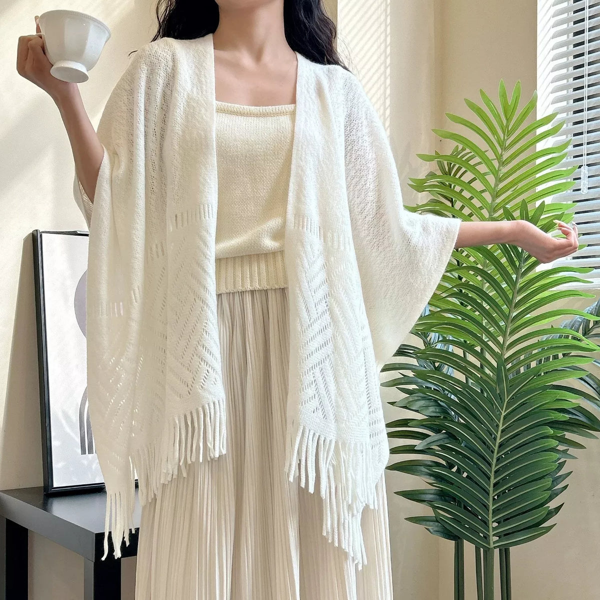 Cotton Openwork Fringe Scarf Shawl