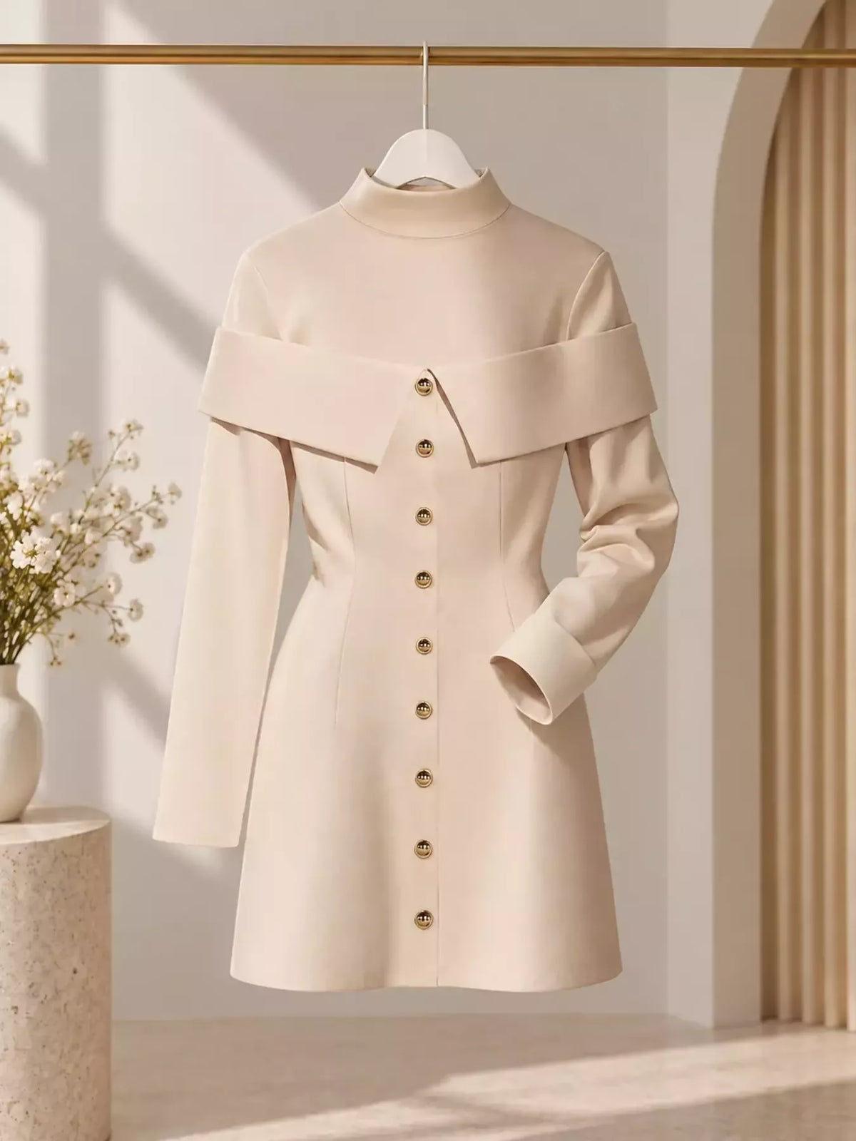 Mock-Neck Button-Detail Mini Dress
