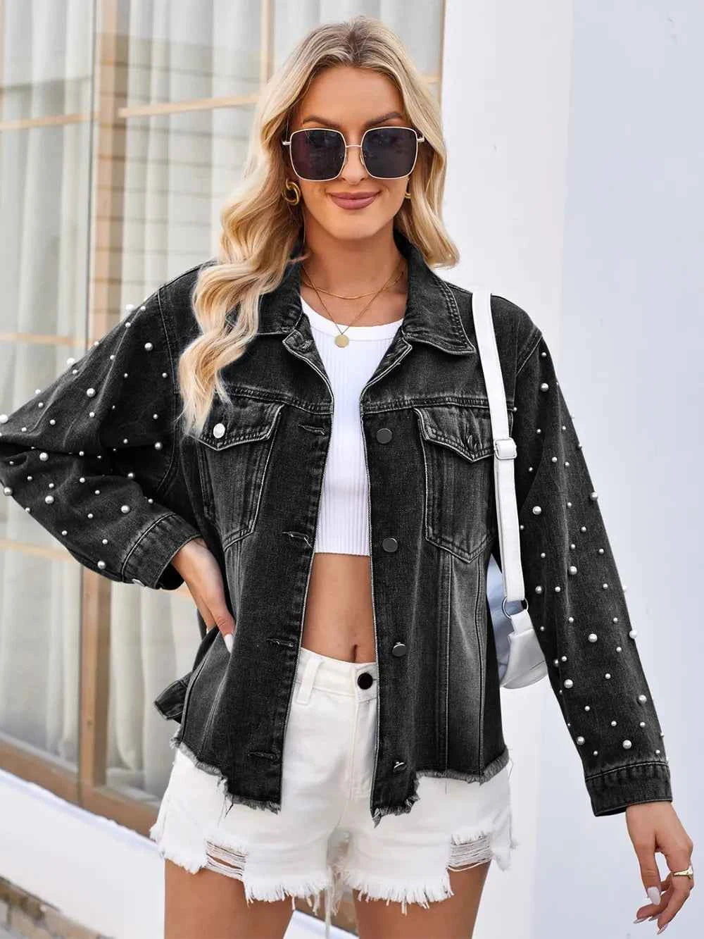 Pearl-Style Trim Raw-Hem Denim-Look Jacket