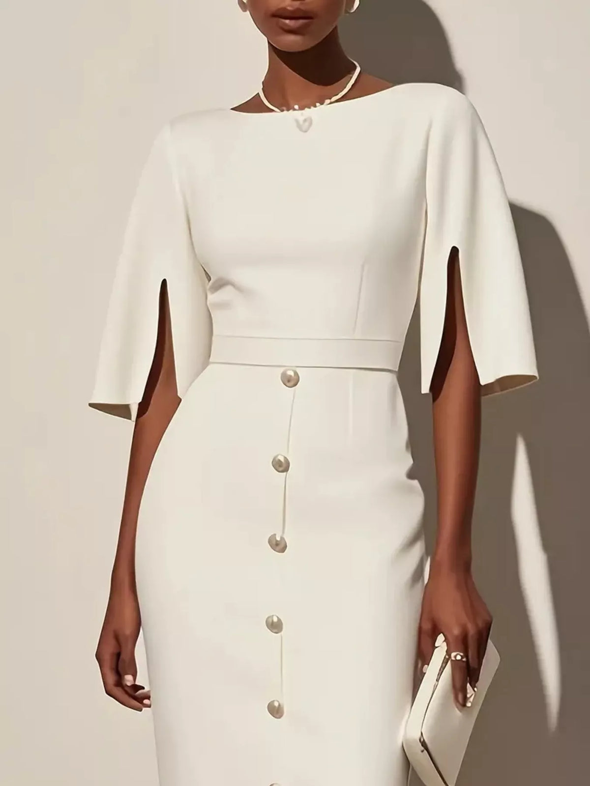 Slit-Sleeve Decorative-Button Midi Dress