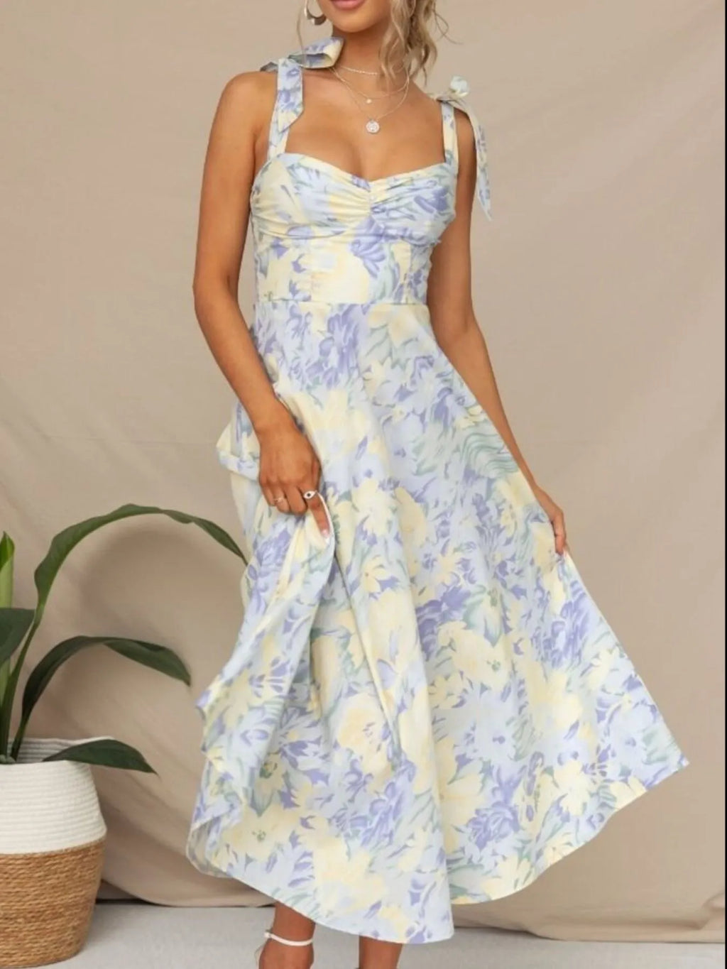 Floral Tie-Strap Sweetheart Midi Dress