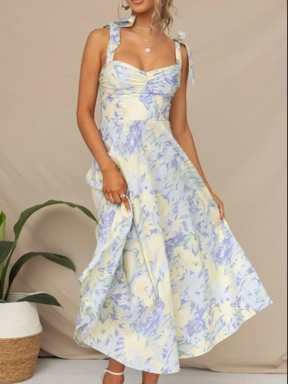 Floral Tie-Strap Sweetheart Midi Dress
