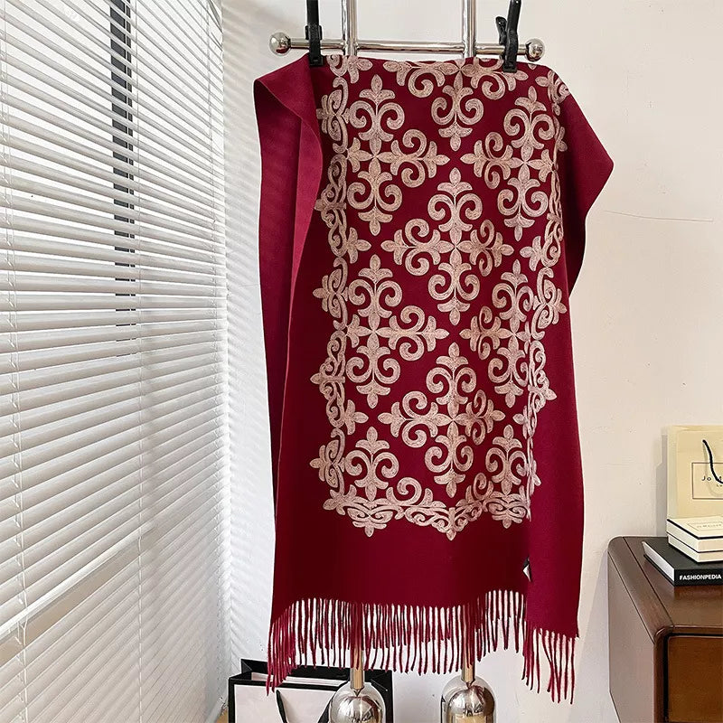 Boho Scroll-Pattern Fringe Scarf