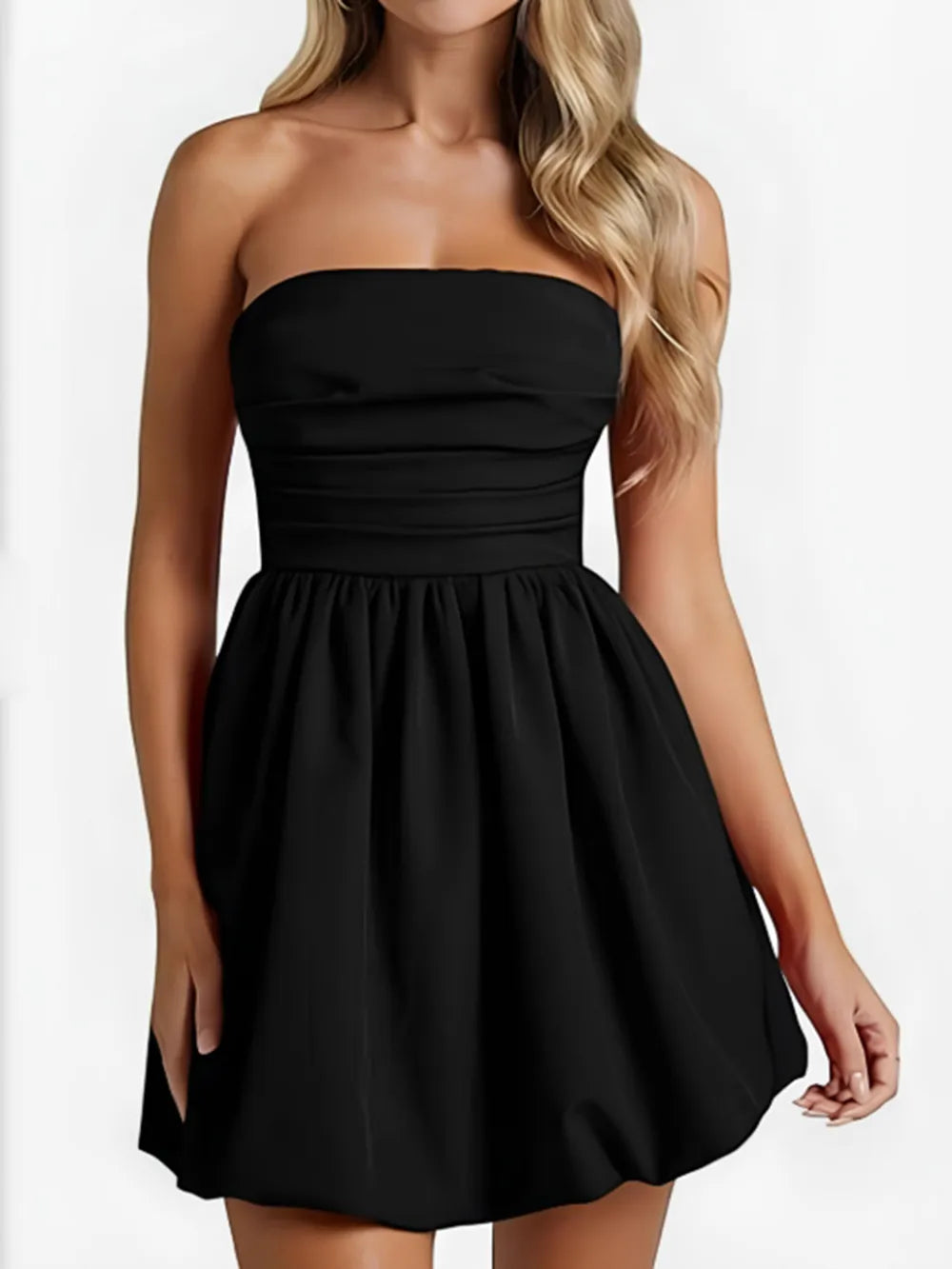 Black Ruched Strapless Mini Dress