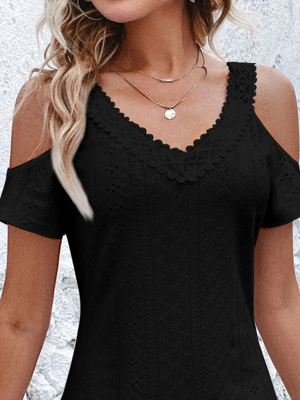 Cold-Shoulder V-Neck Eyelet Mini Dress