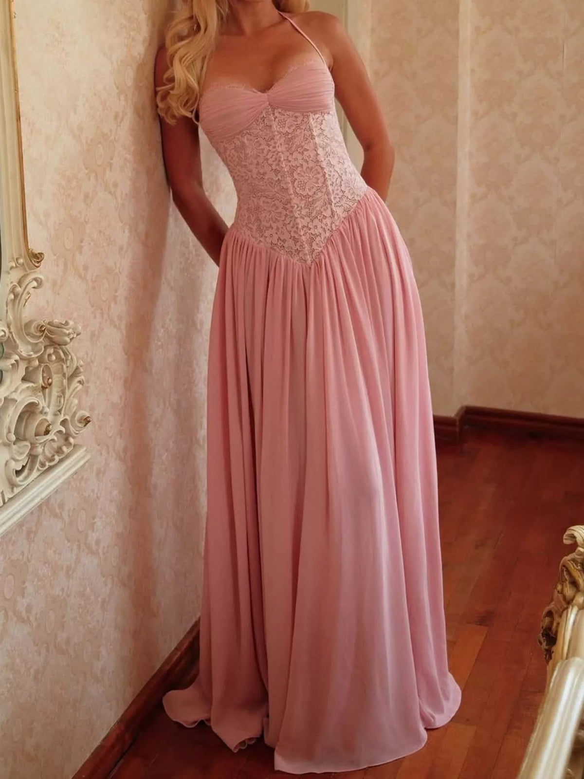 Lace Corset-Style Halter Maxi Dress