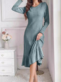 Long-Sleeve Ribbed Knit Ruffle-Hem Midi Dress, S–3XL