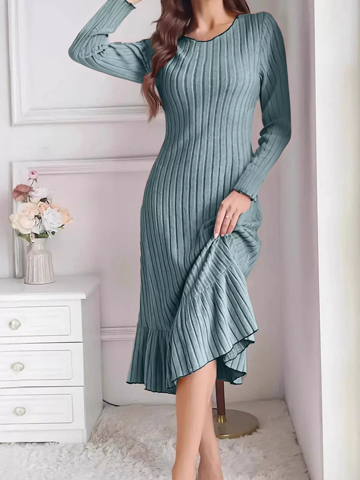 Long-Sleeve Ribbed Knit Ruffle-Hem Midi Dress, S–3XL