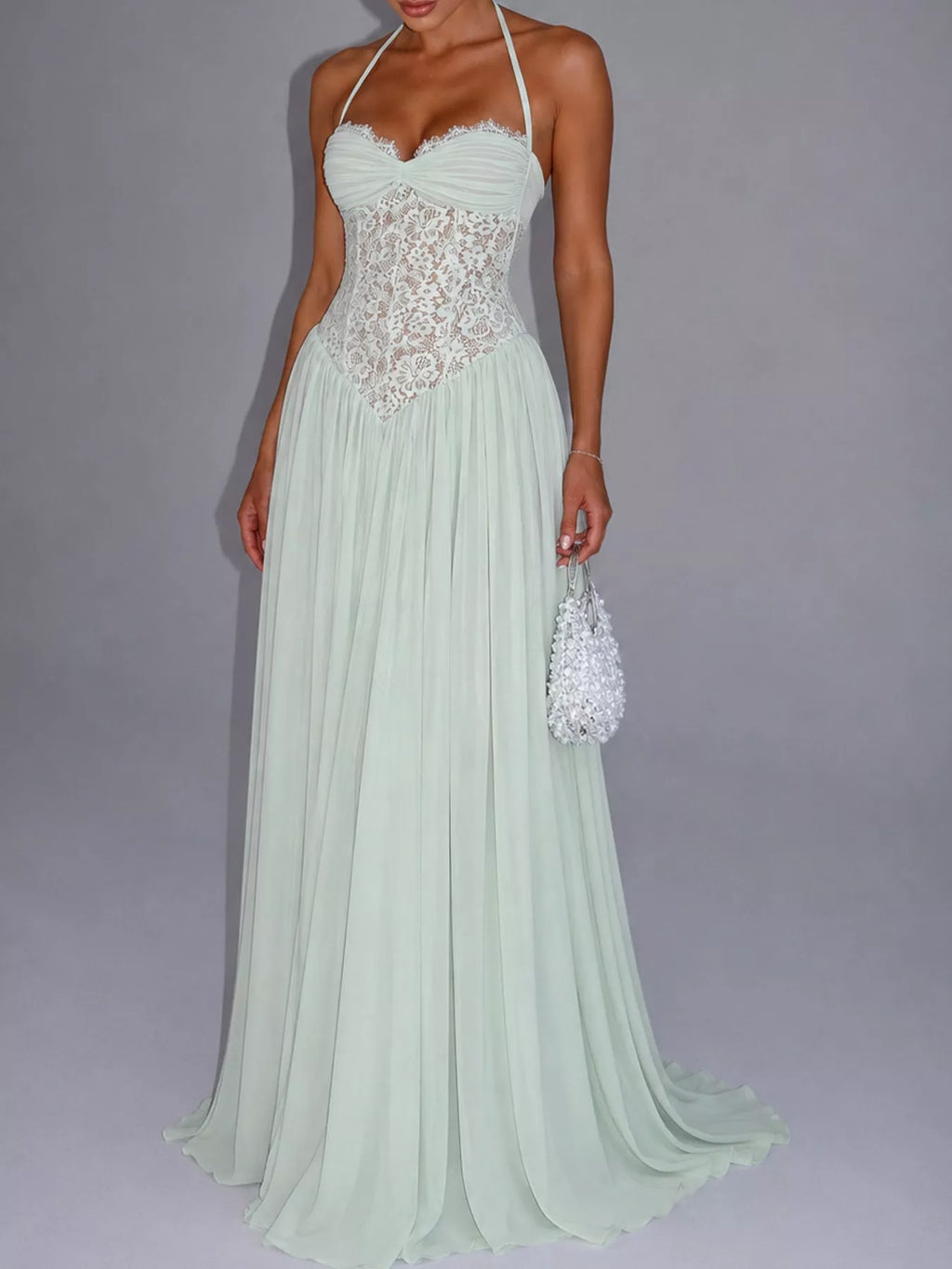 Lace Corset-Style Halter Maxi Dress