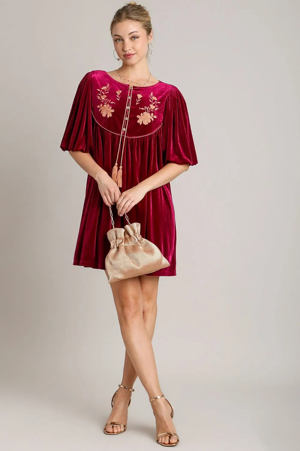 Umgee Burgundy Embroidered Velvet Mini Dress with Tassels
