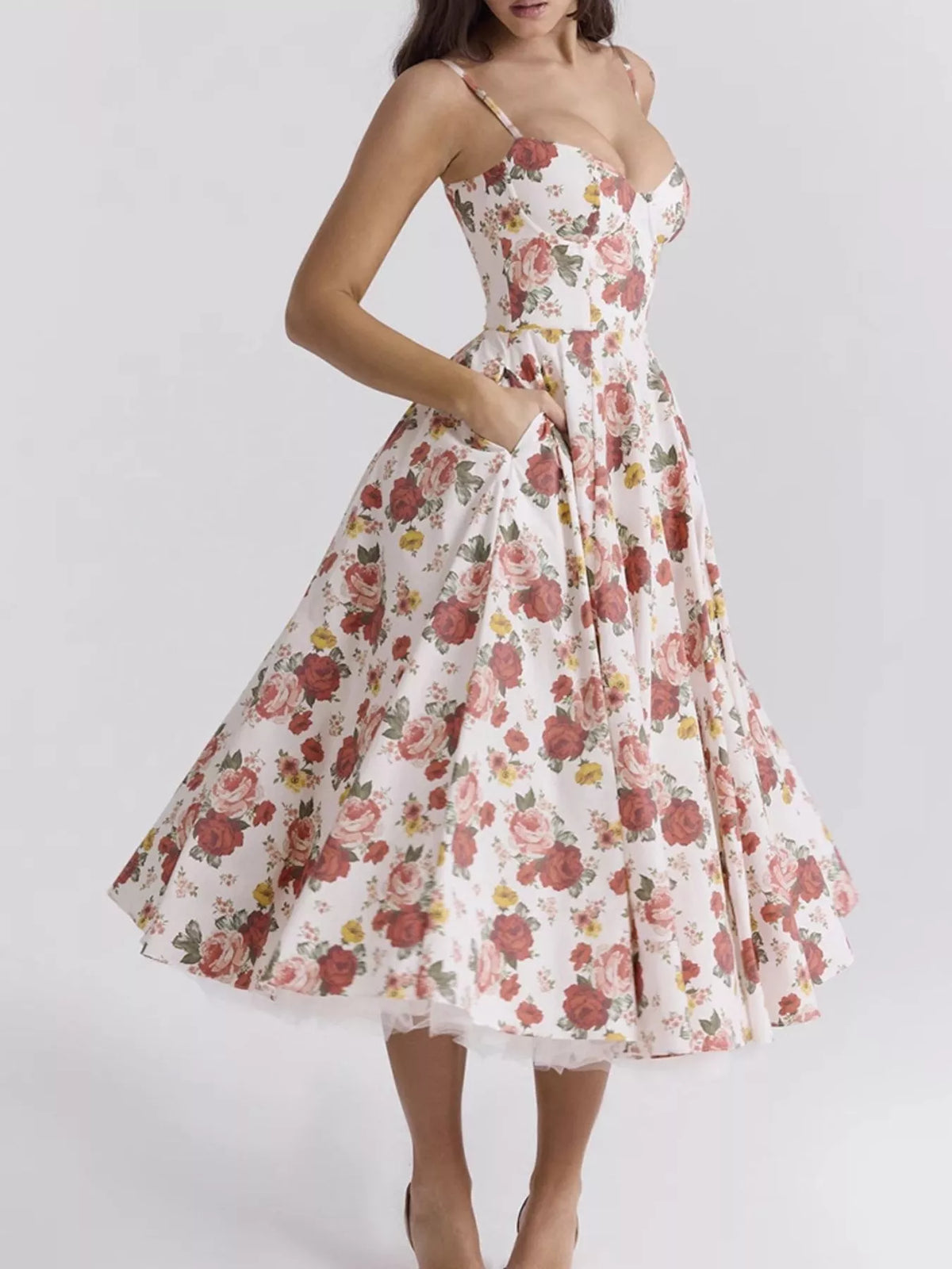 Sweetheart-Neck Pocketed A-Line Midi Dress