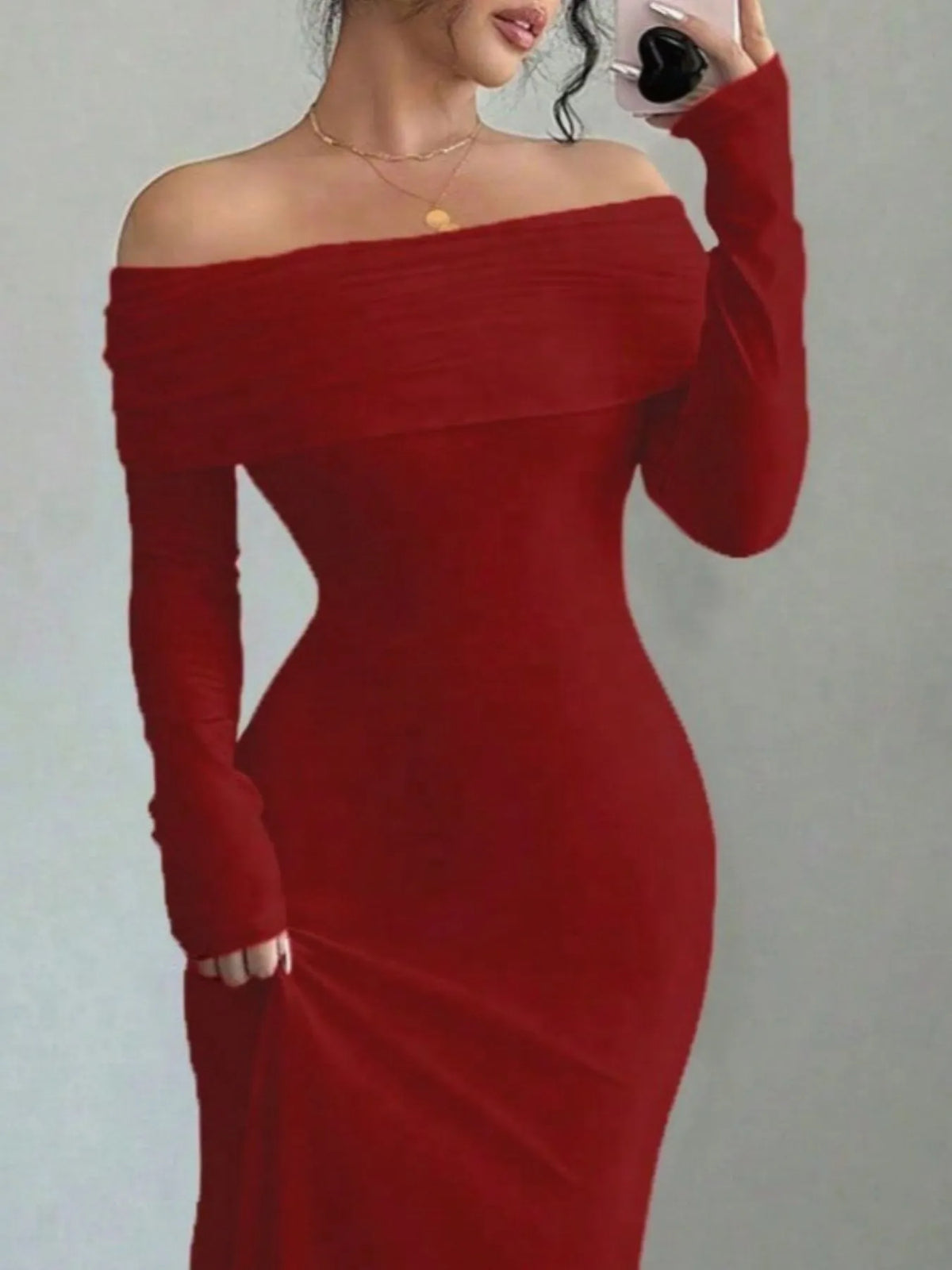 Off-Shoulder Twist-Back Long-Sleeve Bodycon Maxi Dress