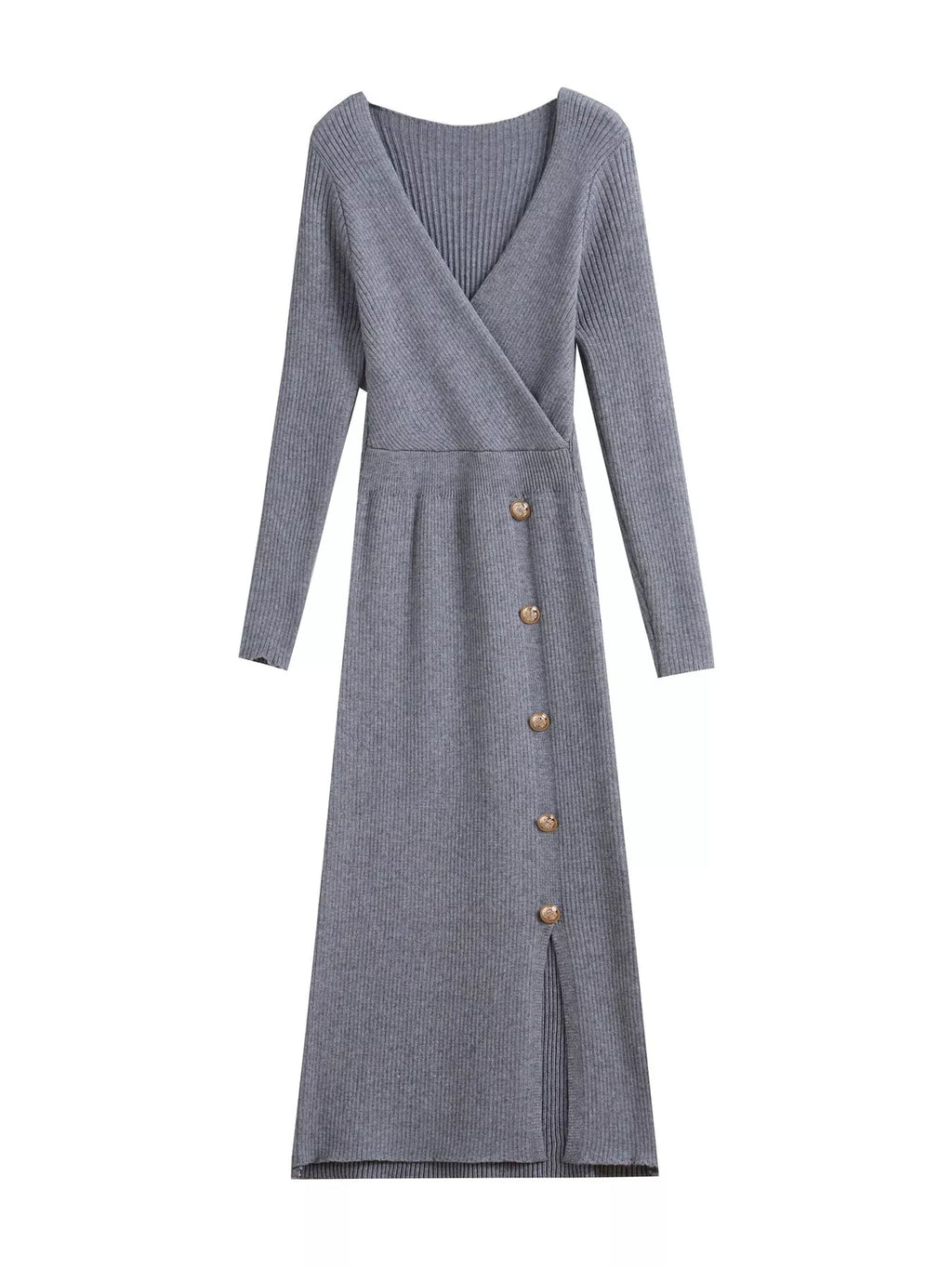 Ribbed Knit Sweater Dress with Decorative Buttons