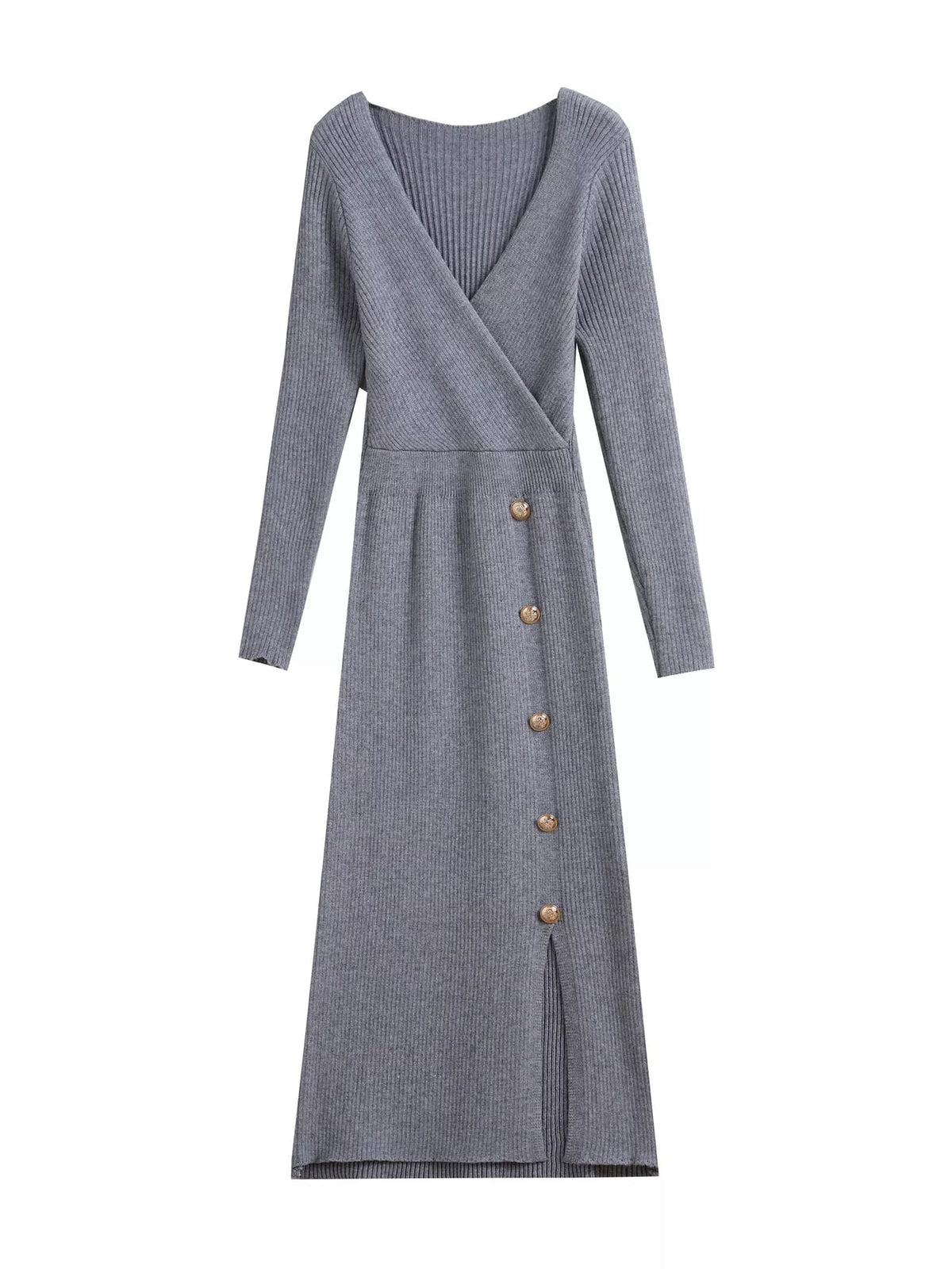 Ribbed Knit Sweater Dress with Decorative Buttons