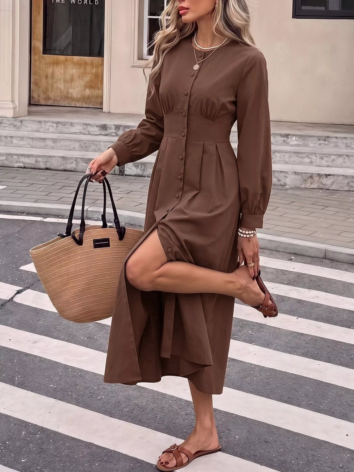Coffee Brown Round-Neck Button-Front Long-Sleeve Midi Dress