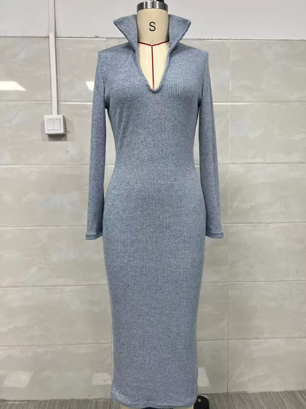 Ribbed V-Neck Long-Sleeve Sweater Midi Dress