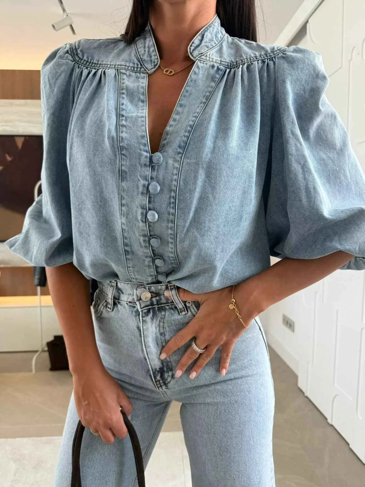 Button-Down Puff-Sleeve Denim Blouse