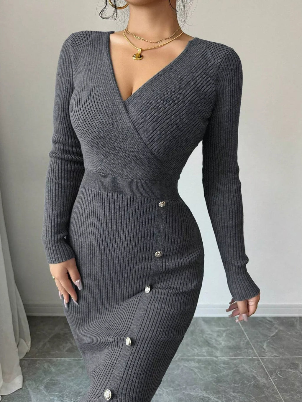 Ribbed Knit Sweater Dress with Decorative Buttons