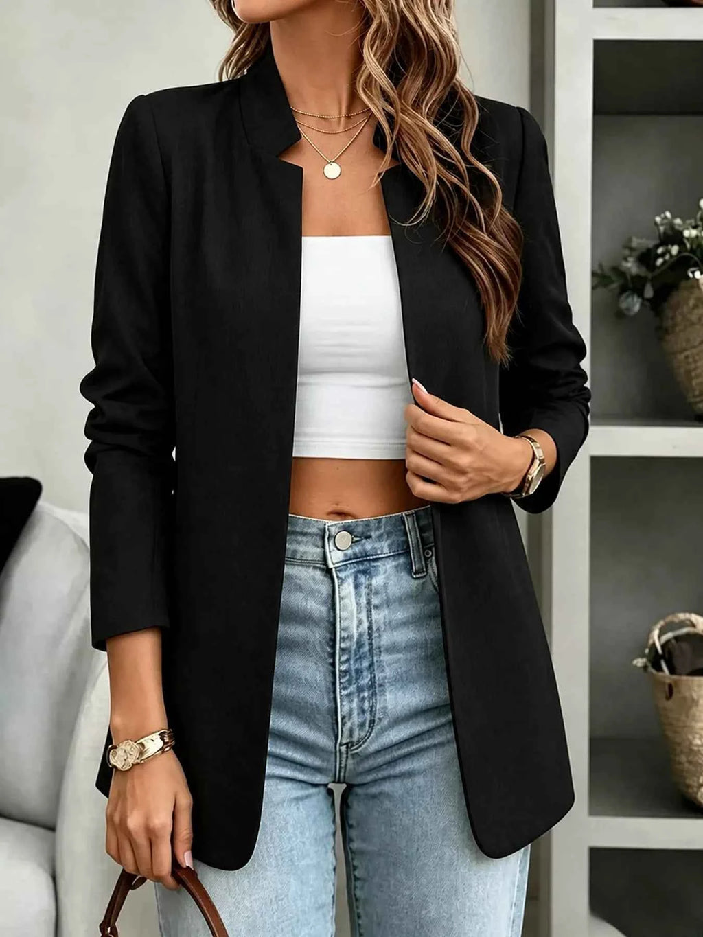 Black Unlined Open-Front Long-Sleeve Blazer