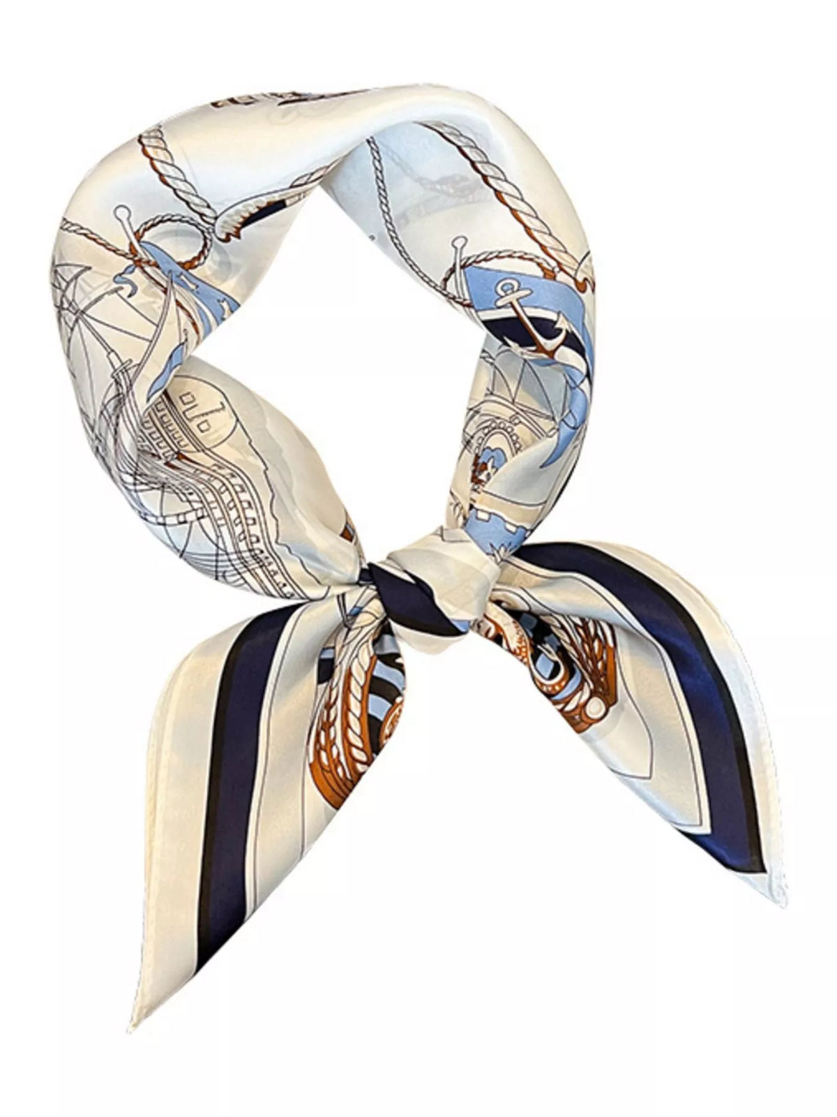 Ivory nautical print square scarf tied in a loop against a white background.