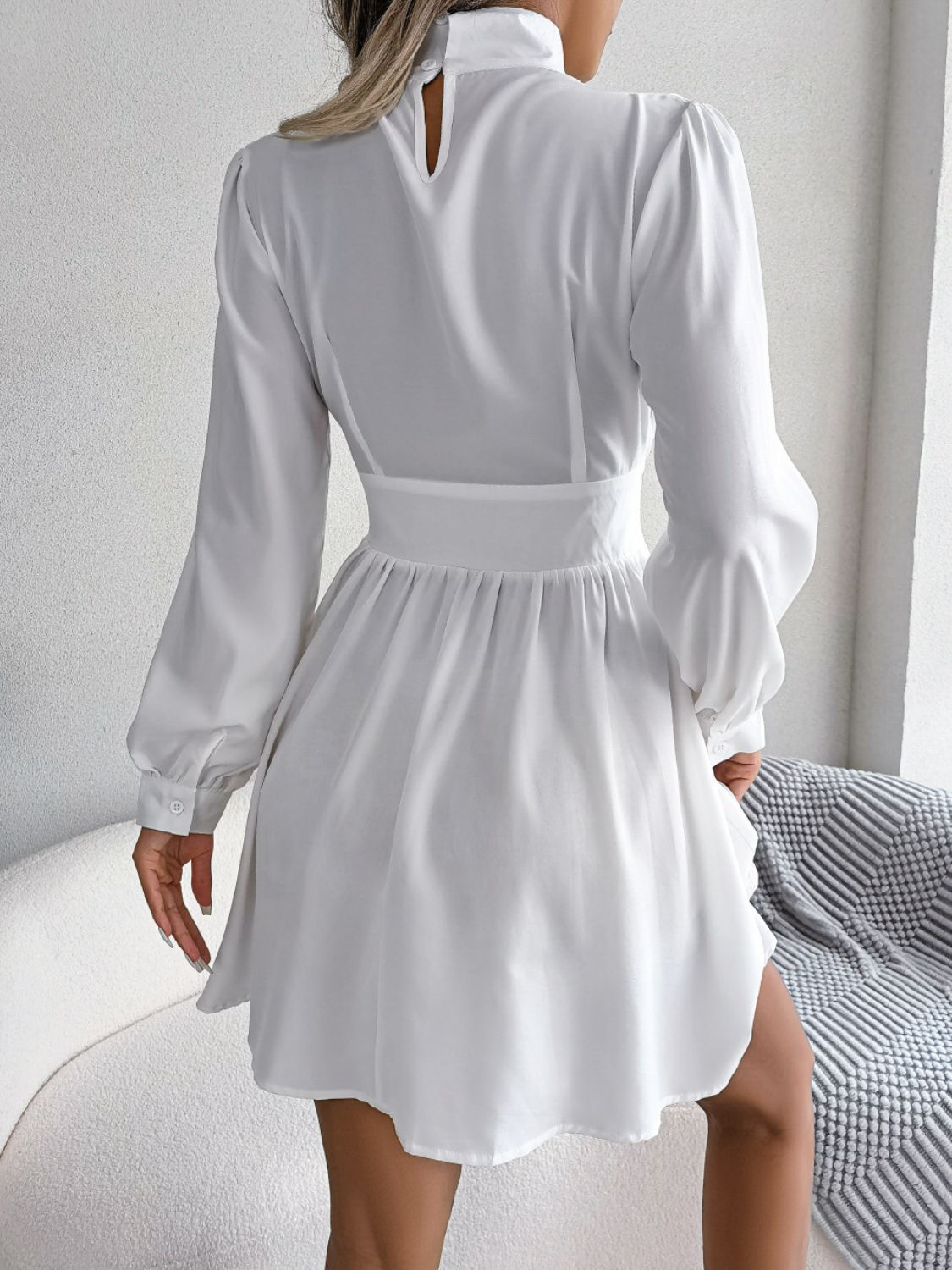 High-Neck Cutout Long-Sleeve A-Line Mini Dress
