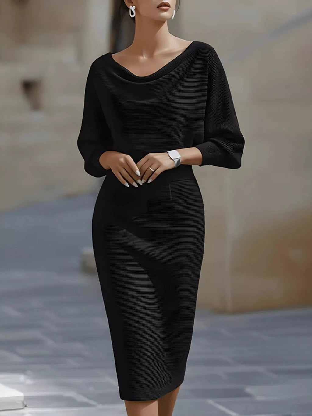 Cowl-Neck Knit Bodycon Midi Dress
