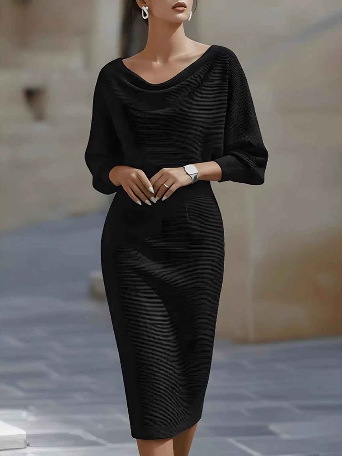 Cowl-Neck Knit Bodycon Midi Dress