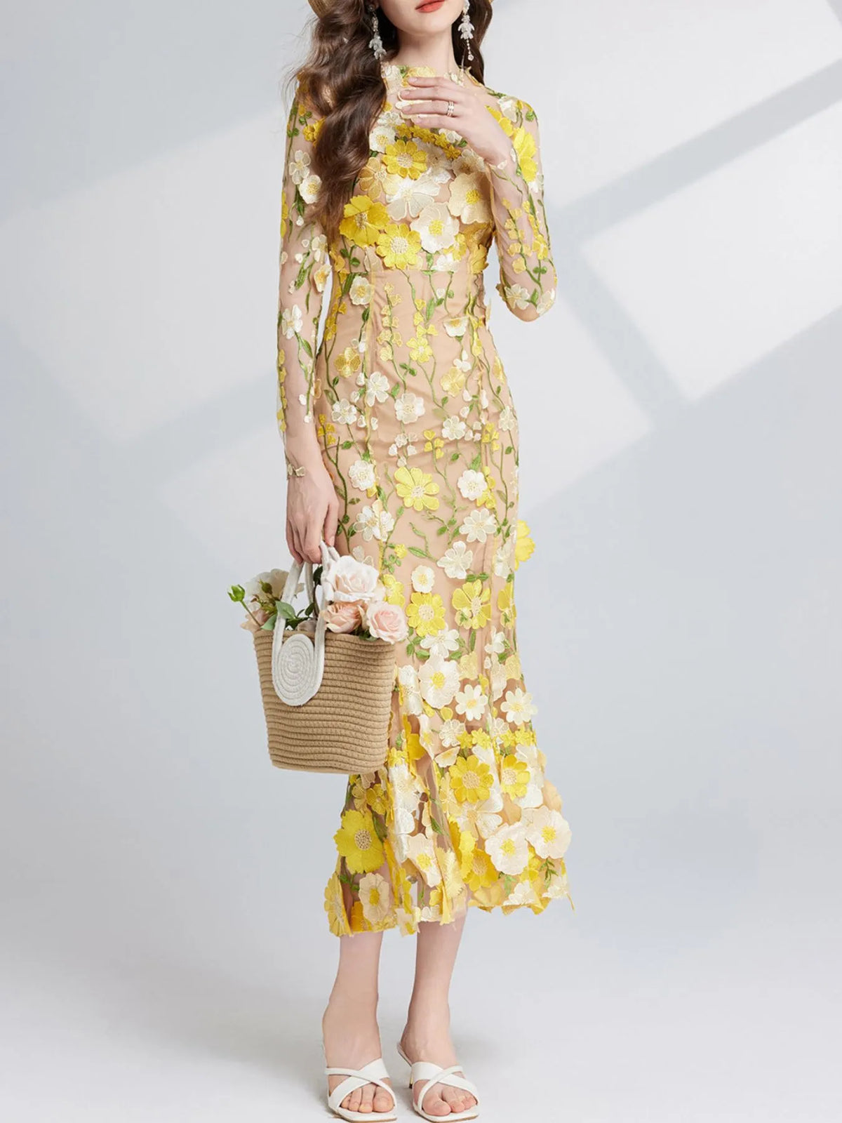 Floral-Embroidered Mesh Long-Sleeve Midi Dress