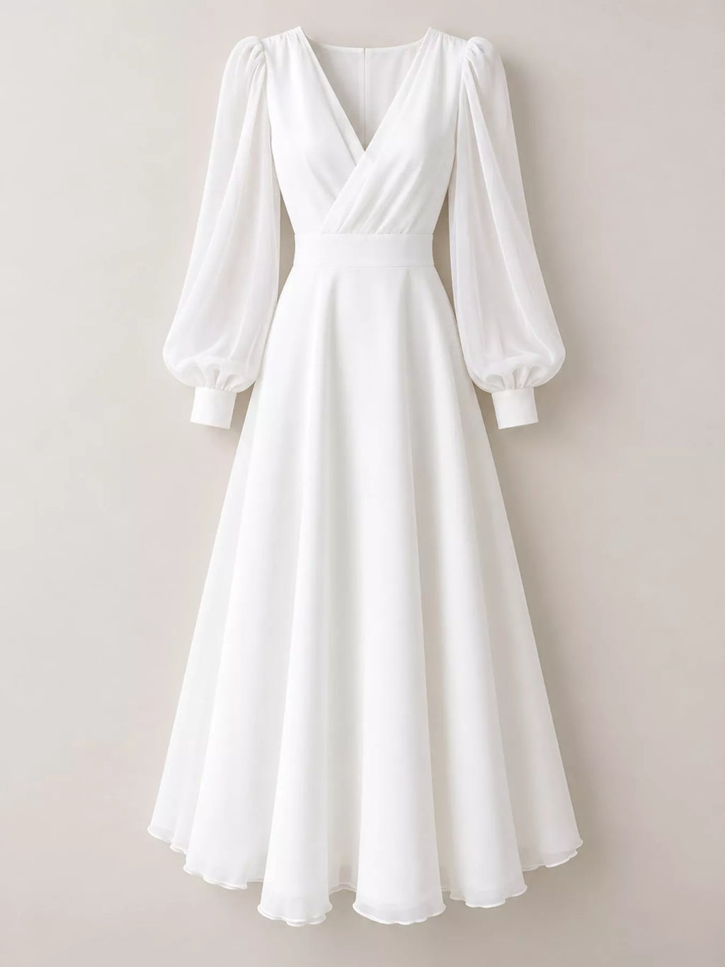 White Surplice Lantern-Sleeve Midi Dress