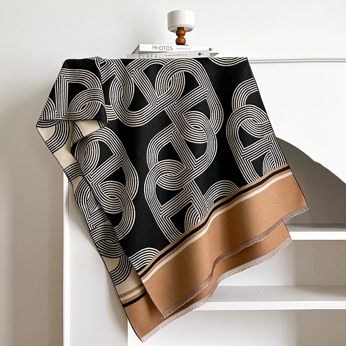 Geometric-Print Cotton Raw-Hem Scarf