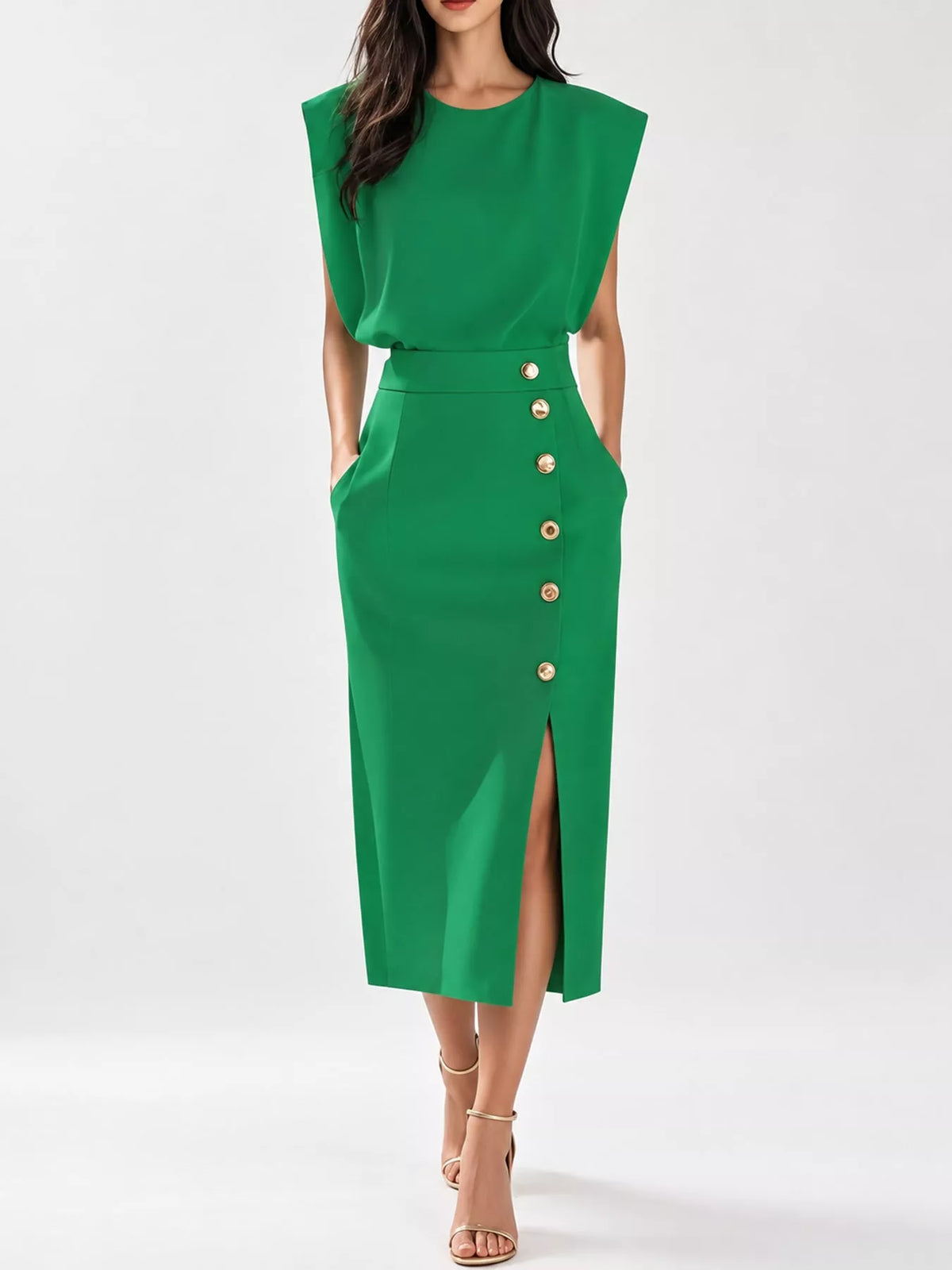 Sleeveless Gold-Tone Button-Detail Midi Dress